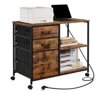 WOLTU Caisson de Bureau, Armoire de Bureau à Roulettes, avec Station de Charge, pour Dossiers Suspendus et Meuble Imprimante, avec 3 Tiroirs, 2 Étagères, 2 Prises, 2 Ports USB, Marron Rustique