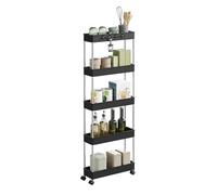 WOLTU Chariot de Rangement 5 Niveaux, Desserte à roulettes Mobile avec 4 Crochets, pour Cuisine, Salle de Bain, Petit Espace, en Plastique et Métal, 41,5 x 112 x 13,5 cm, Noir