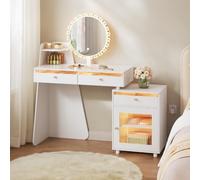 WOLTU Coiffeuse avec Éclairage LED, Design Divisé, Montage Flexible, Blanc | 3 Tiroirs, 1 Miroir Rond Mobile, 1 Armoire Autoportante à Monter à Droit ou à Gauche, pour Chambre, Salon