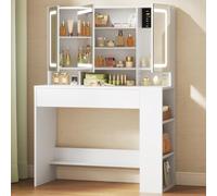 WOLTU Coiffeuse avec Grand Miroir à 3 Portes et Lumière LED, Blanc | Luminosité Réglable, 2 Tiroirs, Armoire à Bijoux, Étagères Latérales, Table Maquillage Compact, Meuble Moderne pour Chambre