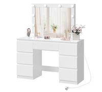 WOLTU Coiffeuse avec Grand Miroir LED, 7 Tiroirs, Multiprise, 110 cm | Luminosité Réglable, Table de Maquillage avec Grand Rangement, Commode en Bois pour Chambre, Blanc
