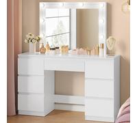 WOLTU Coiffeuse avec Grand Miroir LED à Luminosité Réglable, 7 Tiroirs | Largeur 107 cm, Grand Espace de Rangement, Table de Maquillage, en Bois, Meuble Moderne pour Chambre, Blanc