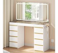 WOLTU Coiffeuse avec Grand Miroir LED, Plateau en Verre, 11 Tiroirs | Organisateur à Bijoux Amovible, Table de Maquillage avec Multiprise, Luminosité Réglable, Meuble Moderne Chambre, Blanc+Doré