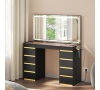 WOLTU Coiffeuse avec Grand Miroir LED, Plateau en Verre, 11 Tiroirs | Organisateur à Bijoux Amovible, Table Maquillage avec Multiprise, Luminosité Réglable, Meuble Moderne pour Chambre, Noir+Doré