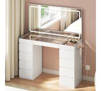 WOLTU Coiffeuse avec Grand Miroir LED, Plateau en Verre, Table de Maquillage avec 11 Tiroirs, Station de Charge, Compartiments à Bijoux & Support Sèche-Cheveux, Meuble Moderne pour Chambre, Blanc