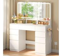 WOLTU Coiffeuse avec Grand Miroir LED Réglable, 9 Tiroirs, Multiprise | Table Maquillage avec Miroir Grossissant, 3 Étagères et Support Sèche-Cheveux, Meuble Moderne en Bois pour Chambre, Blanche