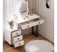 WOLTU Coiffeuse avec Lumière LED Réglable, Miroir Forme Nuage | Design Moderne, Plateau Brillant 100 cm, 5 Tiroirs en Bois Massif, 1 Commode, Meuble Table Maquillage Chambre, Blanc + Noir