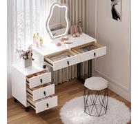 WOLTU Coiffeuse avec Lumière LED Réglable, Miroir Forme Nuage, Tabouret | Design Moderne, Plateau Brillant 100 cm, 5 Tiroirs en Bois Massif, 1 Commode, Meuble Table Maquillage Chambre, Blanc + Noir