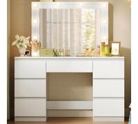 WOLTU Coiffeuse avec Lumière LED, Table de Maquillage avec 7 Tiroirs | Avec Miroir et 10 Ampoules, Luminosité Réglable, 107 cm, Coiffeuse pour Chambre, en Bois, Blanc