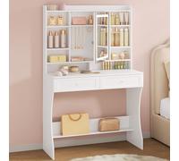 WOLTU Coiffeuse avec Lumière LED, Table de Maquillage avec Miroir Rangement | 3 Couleurs et Luminosité Réglable, Armoire à Bijoux, 2 Tiroirs, Étagères Ajustables, Petite Coiffeuse pour Chambre, Blanc