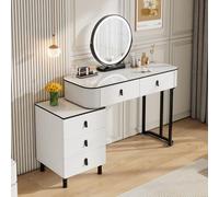 WOLTU Coiffeuse avec Lumière Réglable et Miroir Rond Pivotant | Coiffeuse Bureau avec 5 Tiroirs en Bois Massif, Montage Flexible, Moderne, Table Maquillage 100x40 cm, Blanc+Noir
