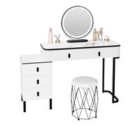 WOLTU Coiffeuse avec Lumière Réglable et Tabouret, Miroir Pivotant | Coiffeuse Bureau avec 5 Tiroirs en Bois Massif, Montage Flexible, Moderne, Table Maquillage 100x40 cm, Blanc+Noir