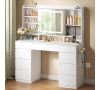 WOLTU Coiffeuse avec Miroir Coulissant, Multiprise, 1 Casier à Bijoux | Lumière Réglable, 9 Tiroirs, 11 Étagères, Table de Maquillage Moderne pour Chambre, en Bois, Blanc