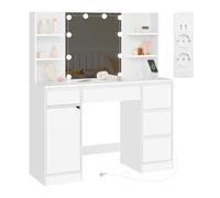 WOLTU Coiffeuse avec Miroir et Lumière LED, Multiprise, 110x40 cm | Lumière Réglable 3 Couleurs, Table de Maquillag avec 4 Tiroirs et 4 Étagères, 1 Placard, pour Chambre, Blanc