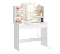 WOLTU Coiffeuse avec Miroir et Lumière LED, Multiprise, USB A/Type-C | Luminosité Réglable, 2 Tiroirs et 4 Étagères, Petit Meuble Chambre, Table Maquillage Moderne, 90x135x40 cm, Bois