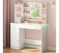 WOLTU Coiffeuse avec Miroir LED, Éclairage RGB, Plateau en Verre | Luminosité Réglable, 3 Tiroirs avec Organisateur à Bijoux Amovible, 2 Armoires, Multiprise, Table de Maquillage, Blanc