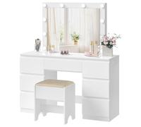 WOLTU Coiffeuse avec Miroir LED et Tabouret, 7 Tiroirs, Multiprise, 110 cm | Luminosité Réglable, Table de Maquillage avec Grand Rangement, Commode en Bois pour Chambre, Blanc