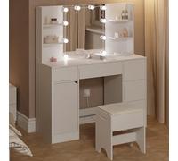 WOLTU Coiffeuse avec Miroir LED et Tabouret, Éclairage Réglable, Grande Coiffeuse avec Multiprise, 5 Tiroirs, Étagères Ouvertes, Armoire, Table de Maquillage en Bois pour Chambre, Blanc
