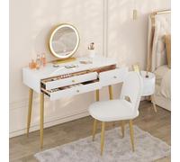 WOLTU Coiffeuse avec Miroir LED et Tabouret en Velours, Facile à Monter | Éclairage Réglable, 3 Tiroirs à compartiments, 100x40 cm, Bureau Table Maquillage Moderne, Doré + Blanc Brillant