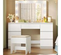 WOLTU Coiffeuse avec Miroir LED et Tabouret, Luminosité Réglable, avec 7 Tiroirs, 107x39,5x140,5cm, Blanc