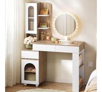 WOLTU Coiffeuse avec Miroir LED, Miroir Rond Moderne, Chêne Clair et Blanc | Table de Maquillage avec 3 Tiroirs, 2 Placards, Compartiments Ouverts et 1 Étagère Latérale, 100x40x139,5 cm