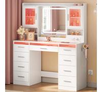 WOLTU Coiffeuse avec Miroir LED Réglable, Plateau en Verre, Éclairage RGB | Multiprise Intégrée, 9 Tiroirs, 2 Placards avec Portes, Table de Maquillage Moderne, pour Chambre, Blanc