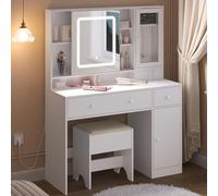 WOLTU Coiffeuse avec Miroir LED Réglable, Prise de Courant,Tabouret,Table de Maquillage avec Placard de Bijoux, Grands Tiroirs, Étagères de Rangement, 108x40 cm, Blanc