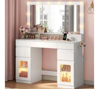 WOLTU Coiffeuse avec Miroir Triple, Ampoules LED et Station de Charge | Table de Maquillage avec 5 Tiroirs, 2 Placards avec Bande LED Tricolore, Support pour Sèche-cheveux, Meuble Chambre, Blanc