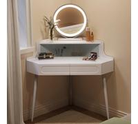 WOLTU Coiffeuse d'angle, avec Miroir LED à Luminosité Réglable, 2 Tiroirs, 1 Casier avec Portes en Verre, Moderne, Pieds en Métal, Blanc, MB6119ws