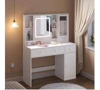 WOLTU Coiffeuse avec Miroir Coulissant LED et Tabouret, Multiprise | Lumière Réglable, 2 Grands Tiroirs, Armoire à Bijoux Intégrée, 1 Caisson, Étagères, Table de Maquillage pour Chambre, Blanc