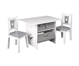 WOLTU Combinaison de table et chaises avec 3 paniers de Rangement,1 x table + 2 chaises pour enfants,Gris Blanc