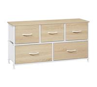 Commode Chambre WOLTU - Meuble 5 Tiroirs en Tissu - Bois d'Ingénierie et Métal - Chêne Clair+Blanc W0ITT5024