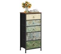 WOLTU Commode 5 Tiroirs, Meuble de Rangement à Tiroirs en Tissu | 45,5x30x95,5cm, pour Chambre, Couloir, Entrée, Salon, en Métal + Bois d'Ingénierie, Marron Rustique+Noir+Motif de Fleur