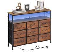 WOLTU Commode 9 Tiroirs, Meuble de Rangement | avec Multiprise et Éclairage LED, Tiroirs en Tissu, 3 Crochets, Cadre en Métal, 110x30x83,5cm, Marron Rustique+Noir