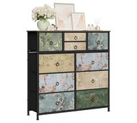 WOLTU Commode à 10 Tiroirs en Tissu, Meuble de Rangement | en Métal et Bois d'Ingénierie E1, pour Salon, Chambre, Entrée, en Marron Rustique+Noir+Motif de Fleur Vintage, 100x30x100cm