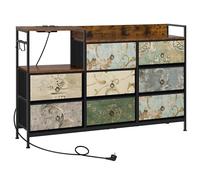 WOLTU Commode à 8 Tiroirs, Commode avec Station de Charge, Tiroirs en Tissu et Crochets, pour Salon, Chambre à Coucher, en Métal et Bois d'Ingénierie E1, Marron Rustique+Noir+Motif de Fleur Vintage