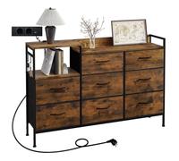 WOLTU Commode à 8 Tiroirs en Tissu avec Station de Charge Métal et Bois d'Ingénierie E1 Marron Rustique et Noir W0ITT5001