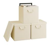 WOLTU Cubes de Rangement Pliables Lot de 3, Boîtes en Tissu avec Couvercle, Poignée et Cadre en Métal, Crème, 33x33x31,5cm