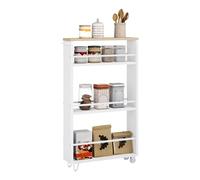 WOLTU Desserte à roulettes, Chariot de Rangement à 4 Niveaux, Desserte Cuisine, Chariot de Service, Étagère roulettes, avec Poignée et Pieds Fixes, 50x80x13 cm, Chêne Clair + Blanc