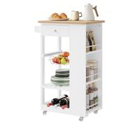 WOLTU Desserte à roulettes, Meuble Cuisine avec Plan de Travail, 1 Tiroir, 1 Panier en Grille, 1 Casier à Bouteilles,Bambou + Blanc