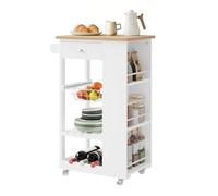 WOLTU Desserte à roulettes, Meuble Cuisine avec Plan de Travail, 1 Tiroir, 1 Panier en Grille, 1 Casier à Bouteilles et 3 Étagères Latérales, pour Cuisine, Salle à Manger, Salon, Bambou + Blanc