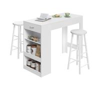 WOLTU Ensemble Table et 2 Tabourets de Bar, Table Haute avec Tiroir et 3 Compartiments, Tabourets avec Repose-Pieds, Bois et Metal(Blanc, 120 x 50 x 90 cm/φ30 x 71 cm)