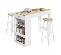 WOLTU Ensemble Table et 2 Tabourets de Bar, Table Haute avec Tiroir et 3 Compartiments, Tabourets avec Repose-Pieds, Bois et Metal(Chêne Clair + Blanc, 120 x 50 x 90 cm/φ30 x 71 cm)