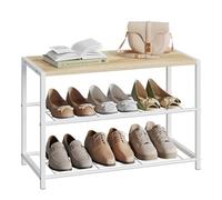 WOLTU Étagère à Chaussures, Étagère pour Chaussures avec 2 Étages en Treillis et Cadre Métallique pour Entrée, Couloir, Salon, 63x30x43cm, Chêne Clair+Blanc