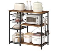 WOLTU Étagère Cuisine avec 2 Paniers Coulissants & 5 Crochets, Support Micro-Ondes avec 2 Étagères en Maille Métallique, 3 Tablettes en Bois d'Ingénierie, 90x40x82cm, Marron Rustique+Noir