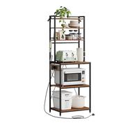 WOLTU Étagère Cuisine avec Multiprise, 6 Niveaux Support Micro-Ondes avec Étagère Réglable & 6 Crochets, Rangement Cuisine, Cadre en Métal & Bois d'Ingénierie, Noir+Marron Rustique, 60x39,5x167cm