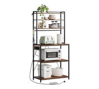 WOLTU Étagère Cuisine avec Multiprise, 6 Niveaux Support Micro-Ondes avec Étagère Réglable & 6 Crochets, Rangement Cuisine, Cadre en Métal & Bois d'Ingénierie, Noir+Marron Rustique, 80x39,5x167cm