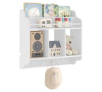 WOLTU Étagère Murale Enfant, Bibliothèque Murale | avec 3 Compartiments Ouverts, 2 Étagères, 4 Crochets, en MDF et Bois Massif, Blanc