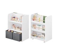 WOLTU Étagère pour Enfants Mobile sur roulettes, Bibliothèque 2 en 1 | avec Boîtes, Rangement sur 2 Côtés, pour Chambre d'Enfant, Bois, 62,5x82,5x40 cm, Blanc