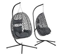 WOLTU Fauteuil Œuf Suspendu, Chaise Hamac Balançoire, avec Support en Métal, Coussin de Siège et Appui-tête, Charge 150 kg, Rotin PE, pour Jardin, Balcon, Terrasse, 102x100x196cm, Gris